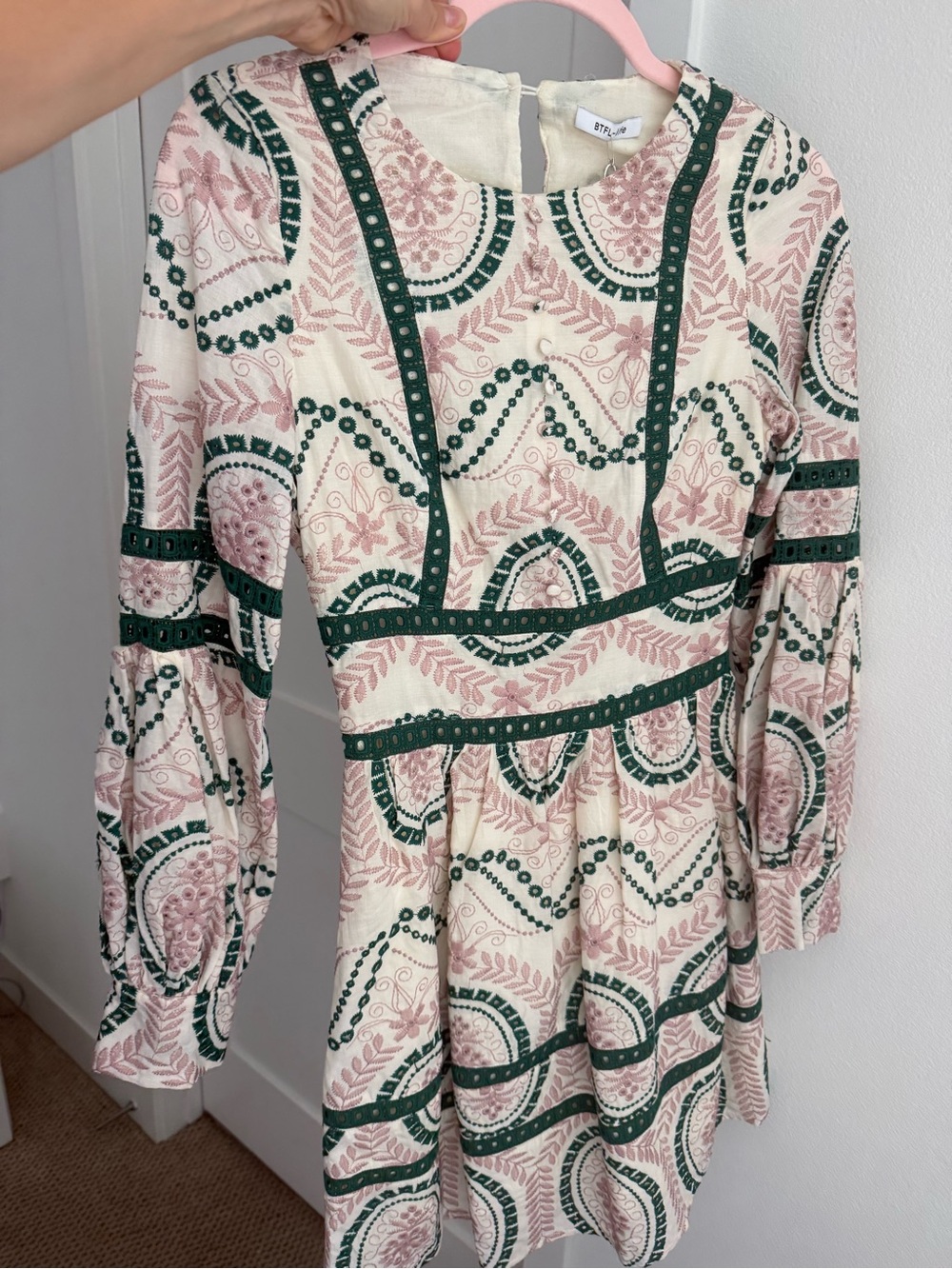 Long-Sleeve Pink & Green Patterned Peplum Dress BTFL-Life Brand